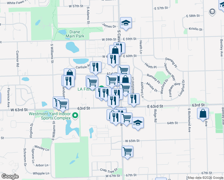 map of restaurants, bars, coffee shops, grocery stores, and more near 8 W 63rd St in Westmont