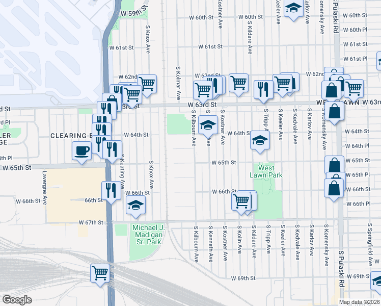 map of restaurants, bars, coffee shops, grocery stores, and more near 4500 West 65th Street in Chicago