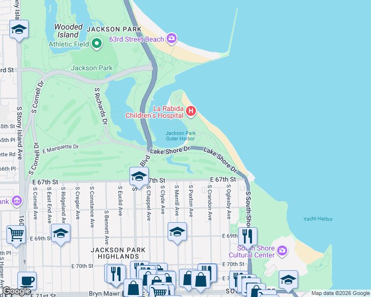 map of restaurants, bars, coffee shops, grocery stores, and more near 2101 Lake Shore Drive in Chicago