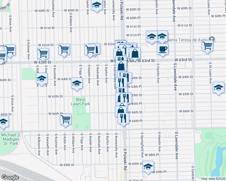 map of restaurants, bars, coffee shops, grocery stores, and more near 6459 South Karlov Avenue in Chicago