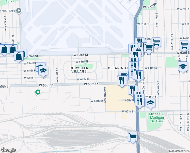 map of restaurants, bars, coffee shops, grocery stores, and more near 5035 West 64th Place in Chicago