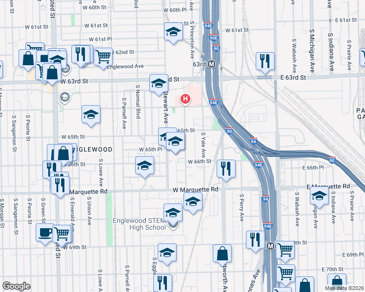 map of restaurants, bars, coffee shops, grocery stores, and more near 6534 South Harvard Avenue in Chicago