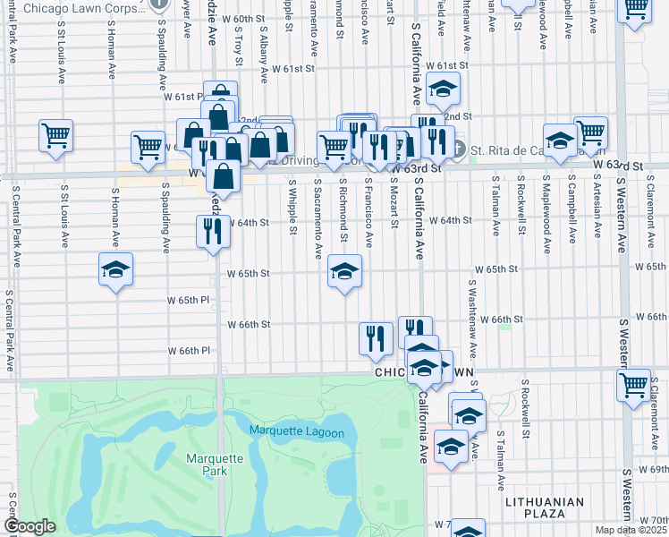 map of restaurants, bars, coffee shops, grocery stores, and more near 2944 West 65th Street in Chicago