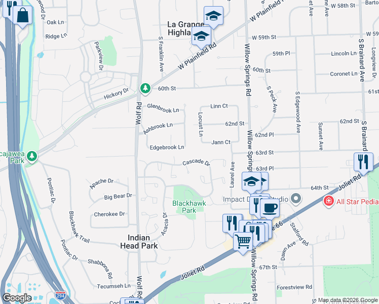 map of restaurants, bars, coffee shops, grocery stores, and more near 182 Cascade Drive in Indian Head Park