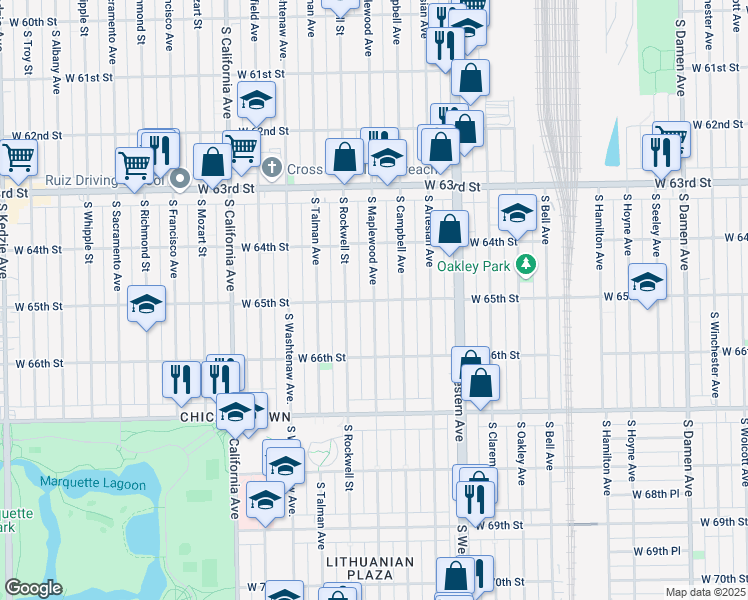 map of restaurants, bars, coffee shops, grocery stores, and more near West 65th Street & South Maplewood Avenue in Chicago