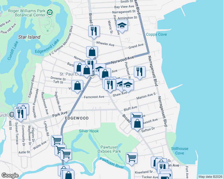 map of restaurants, bars, coffee shops, grocery stores, and more near 1858 Broad Street in Cranston