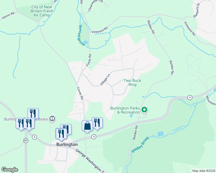 map of restaurants, bars, coffee shops, grocery stores, and more near 11 West Woods Road in Burlington