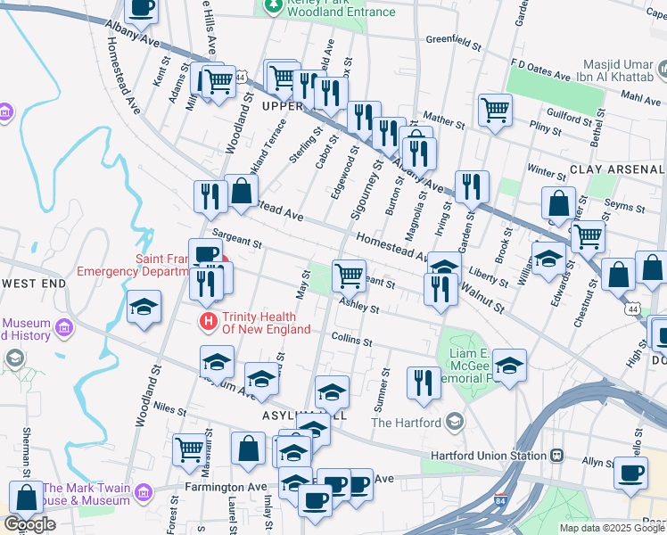 map of restaurants, bars, coffee shops, grocery stores, and more near Sargeant Street in Hartford