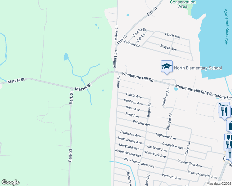 map of restaurants, bars, coffee shops, grocery stores, and more near 875 Almy Road in Somerset