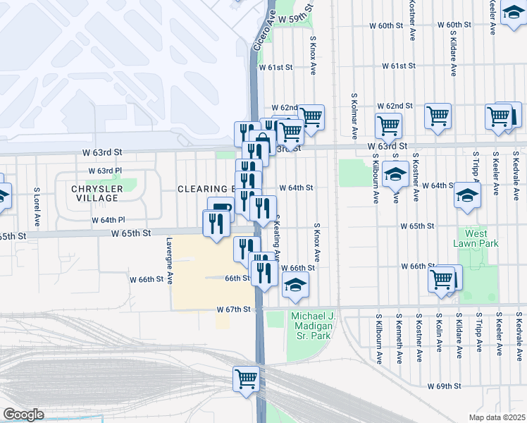 map of restaurants, bars, coffee shops, grocery stores, and more near 6452 South Cicero Avenue in Chicago