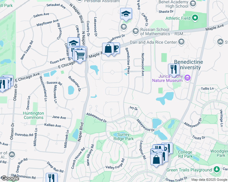 map of restaurants, bars, coffee shops, grocery stores, and more near 2743 Wayfaring Lane in Lisle