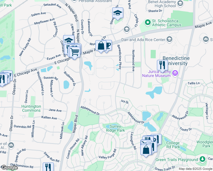 map of restaurants, bars, coffee shops, grocery stores, and more near 2743 Wayfaring Lane in Lisle