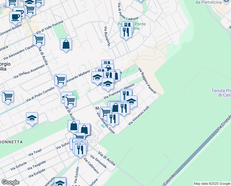 map of restaurants, bars, coffee shops, grocery stores, and more near Via Francesco Menzio in Acilia-castel Fusano-ostia Antica
