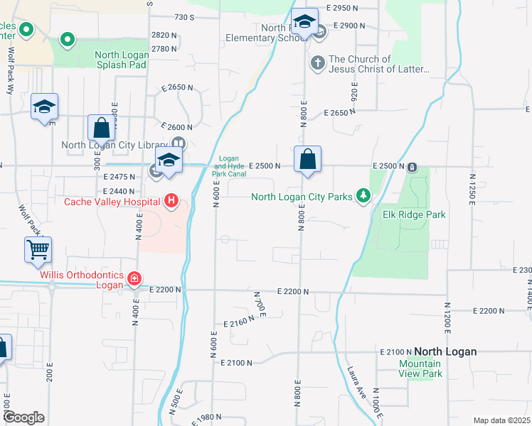map of restaurants, bars, coffee shops, grocery stores, and more near 2377 North 740 East in North Logan