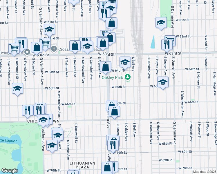 map of restaurants, bars, coffee shops, grocery stores, and more near S Western Ave & W 65th St in Chicago