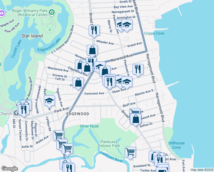 map of restaurants, bars, coffee shops, grocery stores, and more near 1858 Broad Street in Cranston