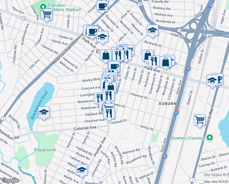 map of restaurants, bars, coffee shops, grocery stores, and more near 101 Richard Street in Cranston