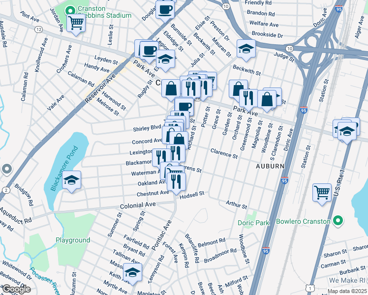 map of restaurants, bars, coffee shops, grocery stores, and more near 101 Richard Street in Cranston