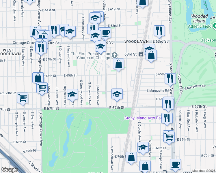 map of restaurants, bars, coffee shops, grocery stores, and more near 1213 East Marquette Road in Chicago