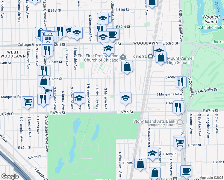 map of restaurants, bars, coffee shops, grocery stores, and more near 6601 South Minerva Avenue in Chicago
