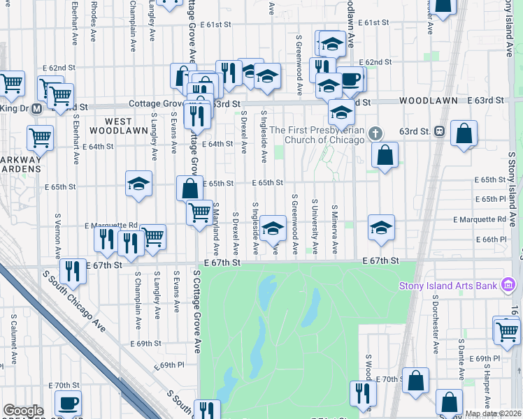 map of restaurants, bars, coffee shops, grocery stores, and more near 6620 South Ellis Avenue in Chicago