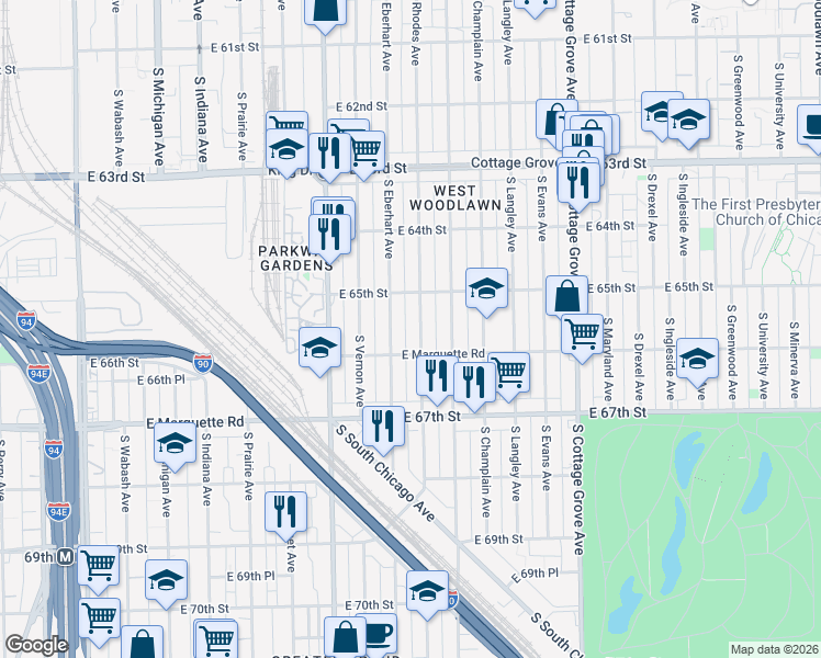 map of restaurants, bars, coffee shops, grocery stores, and more near 6556 South Rhodes Avenue in Chicago