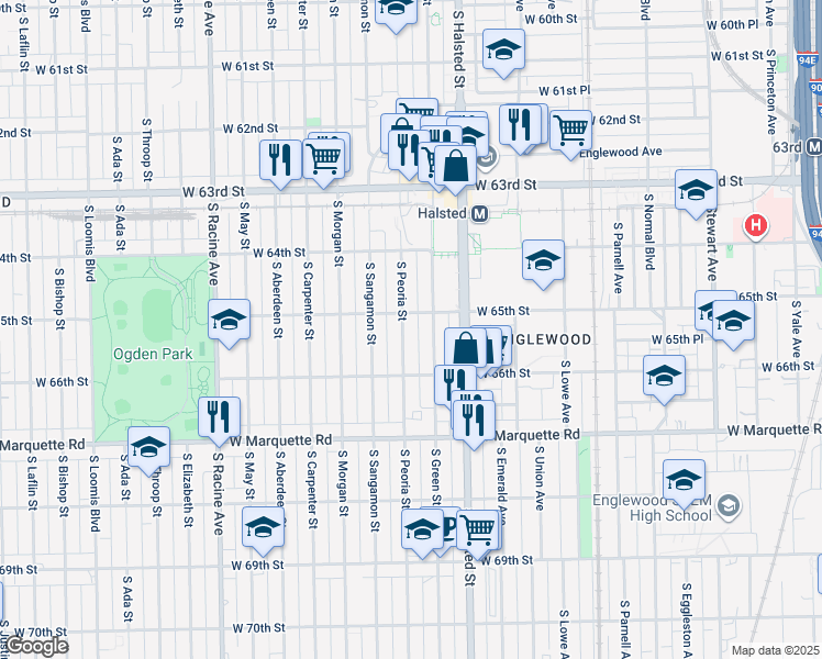 map of restaurants, bars, coffee shops, grocery stores, and more near 6538 South Green Street in Chicago