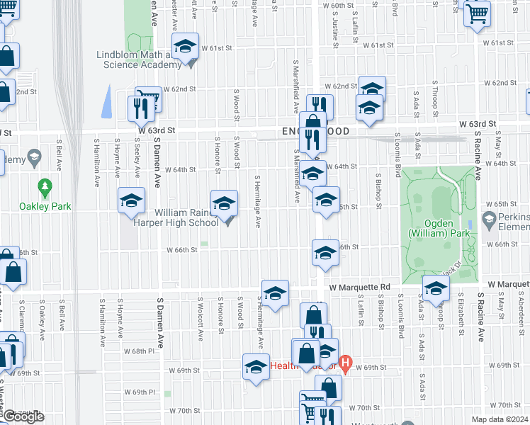 map of restaurants, bars, coffee shops, grocery stores, and more near 6527 South Hermitage Avenue in Chicago