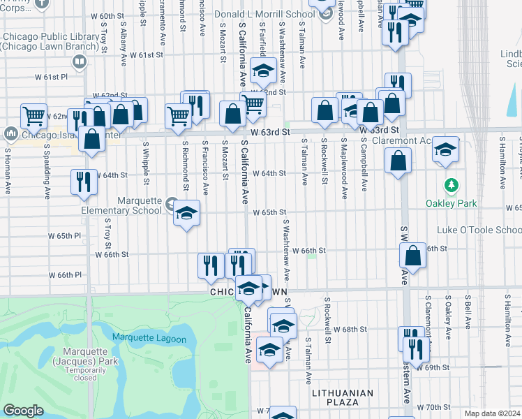 map of restaurants, bars, coffee shops, grocery stores, and more near 6501 South California Avenue in Chicago
