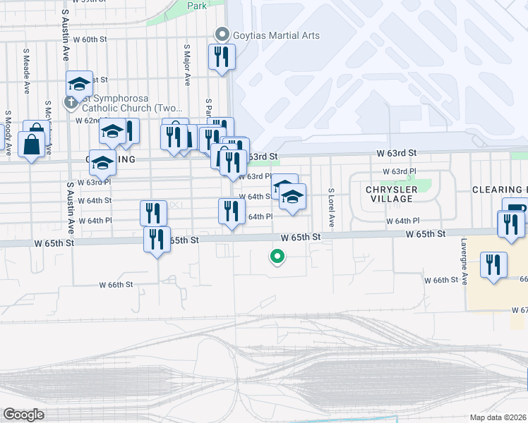 map of restaurants, bars, coffee shops, grocery stores, and more near 5501 West 64th Place in Chicago