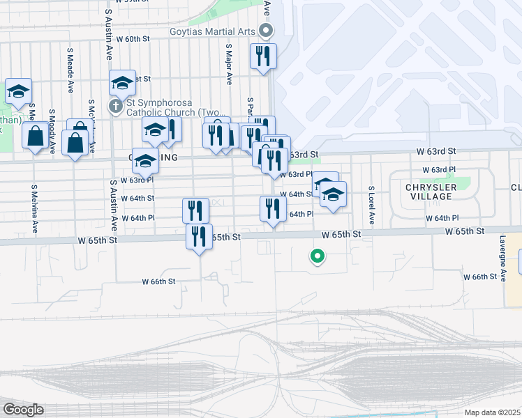 map of restaurants, bars, coffee shops, grocery stores, and more near in Bedford Park