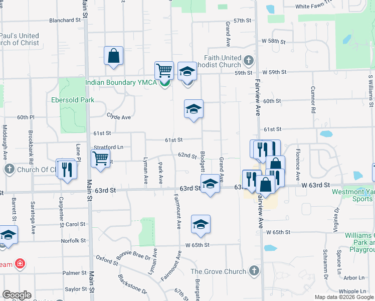 map of restaurants, bars, coffee shops, grocery stores, and more near 661 62nd Street in Downers Grove