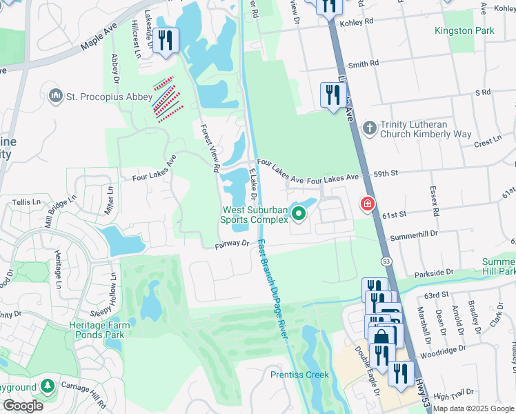 map of restaurants, bars, coffee shops, grocery stores, and more near 6018 East Lake Drive in Lisle