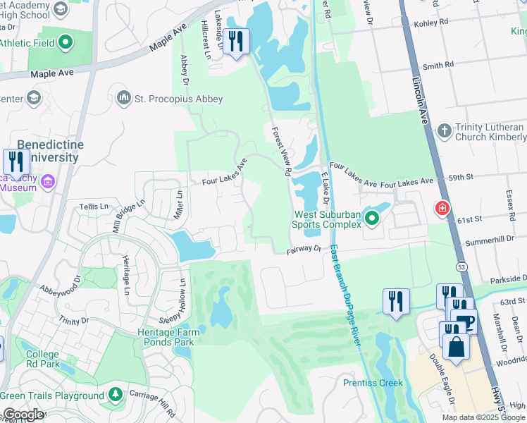 map of restaurants, bars, coffee shops, grocery stores, and more near 6010 Oakwood Drive in Lisle