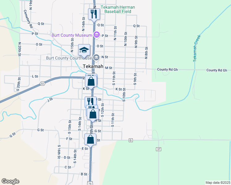 map of restaurants, bars, coffee shops, grocery stores, and more near 1022 J Street in Tekamah