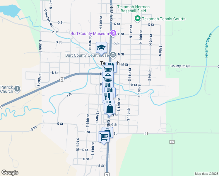 map of restaurants, bars, coffee shops, grocery stores, and more near 1200-1298 J Street in Tekamah