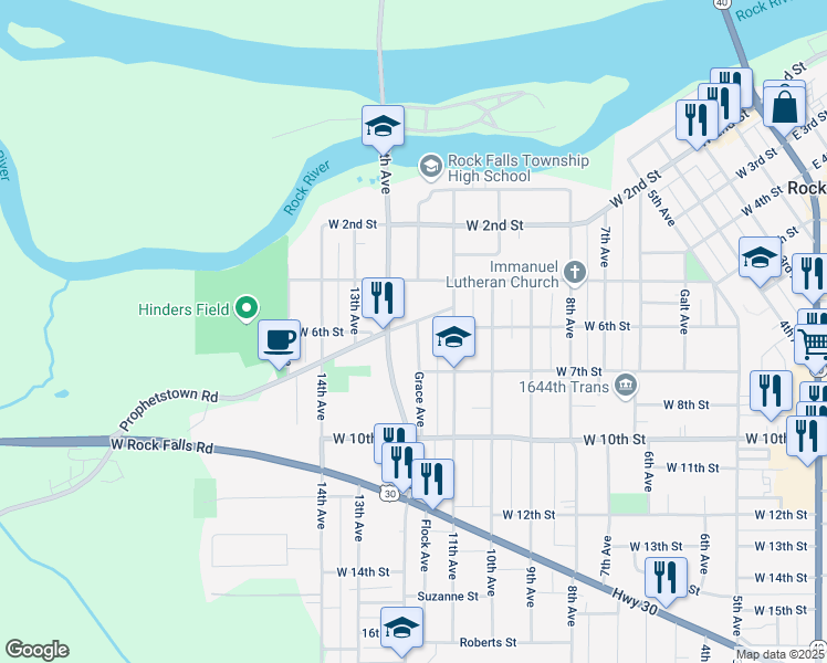 map of restaurants, bars, coffee shops, grocery stores, and more near 615 Grace Avenue in Rock Falls