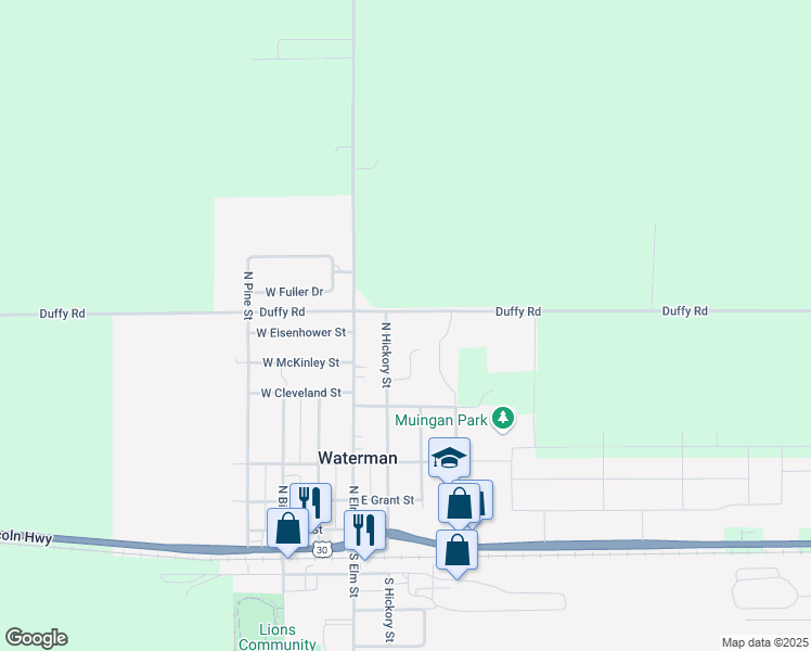 map of restaurants, bars, coffee shops, grocery stores, and more near 215 East Duffy Road in Waterman