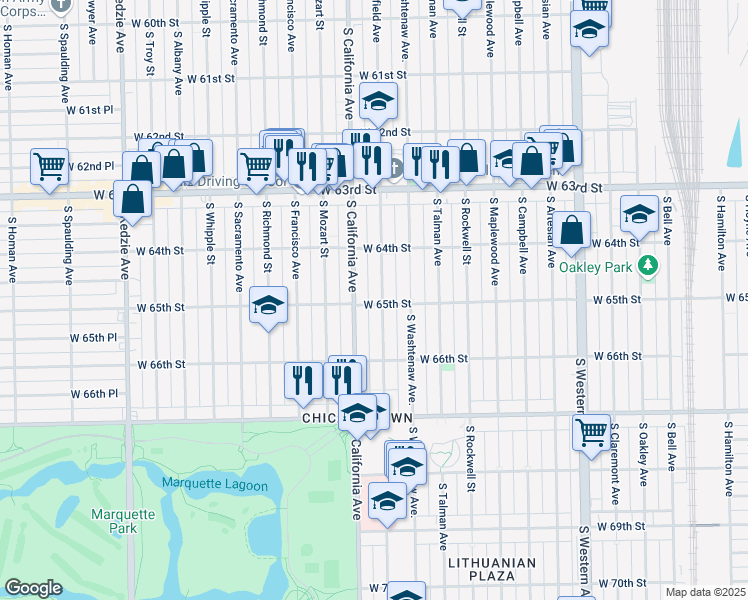 map of restaurants, bars, coffee shops, grocery stores, and more near 6501 South California Avenue in Chicago