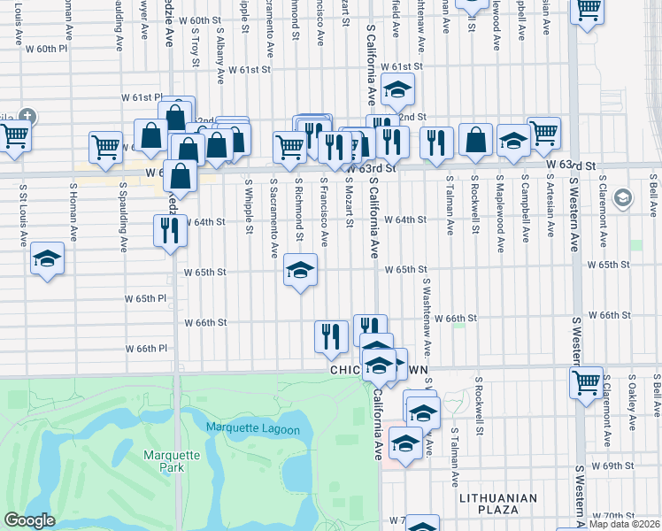 map of restaurants, bars, coffee shops, grocery stores, and more near 6455 South Francisco Avenue in Chicago