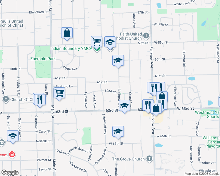 map of restaurants, bars, coffee shops, grocery stores, and more near 661 62nd Street in Downers Grove