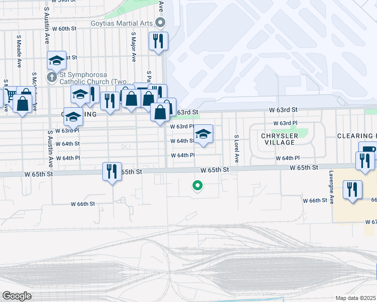 map of restaurants, bars, coffee shops, grocery stores, and more near 5501 West 64th Place in Chicago