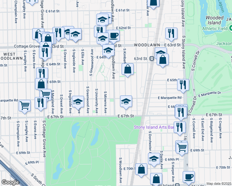 map of restaurants, bars, coffee shops, grocery stores, and more near 6541 South Woodlawn Avenue in Chicago