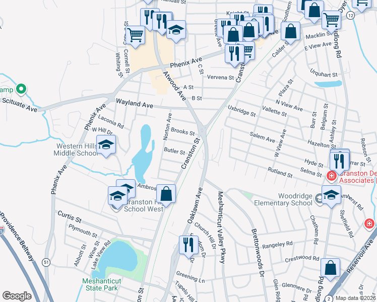 map of restaurants, bars, coffee shops, grocery stores, and more near 1951 Cranston Street in Cranston