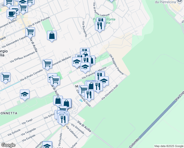 map of restaurants, bars, coffee shops, grocery stores, and more near Via Francesco Menzio in Acilia-castel Fusano-ostia Antica
