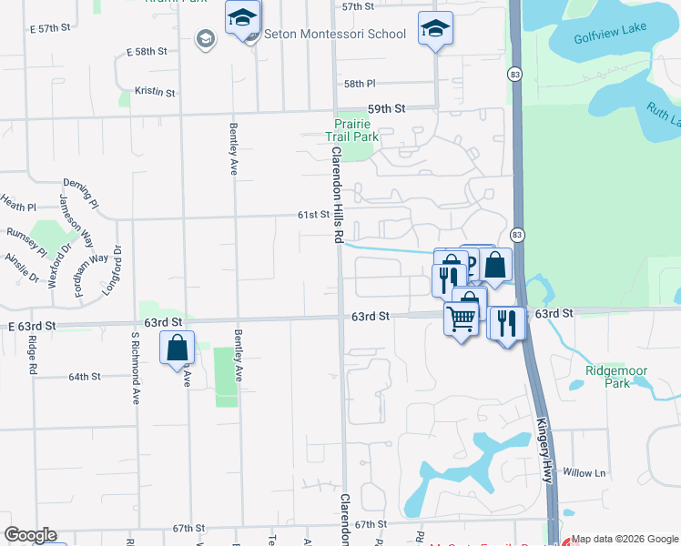 map of restaurants, bars, coffee shops, grocery stores, and more near 6242 Clarendon Hills Road in Willowbrook