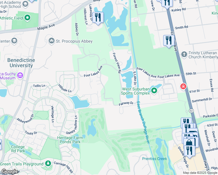 map of restaurants, bars, coffee shops, grocery stores, and more near 6010 Oakwood Drive in Lisle