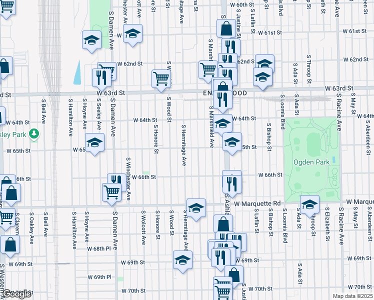 map of restaurants, bars, coffee shops, grocery stores, and more near 6527 South Hermitage Avenue in Chicago