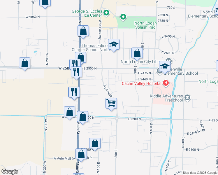 map of restaurants, bars, coffee shops, grocery stores, and more near 2386 North 150 East in North Logan