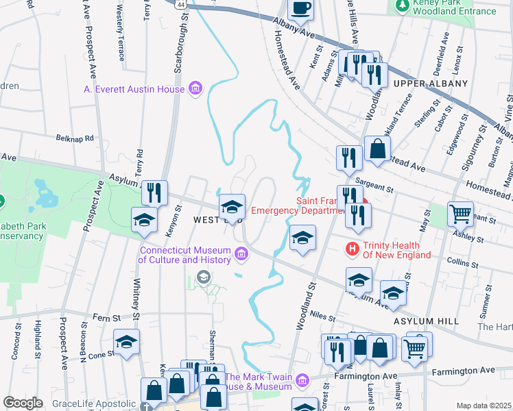 map of restaurants, bars, coffee shops, grocery stores, and more near 1246 Woodside Circle in Hartford